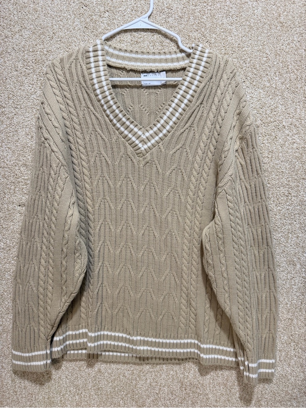 ASOS cricket sweater cable knit varsity trim heritage neutral oversized small